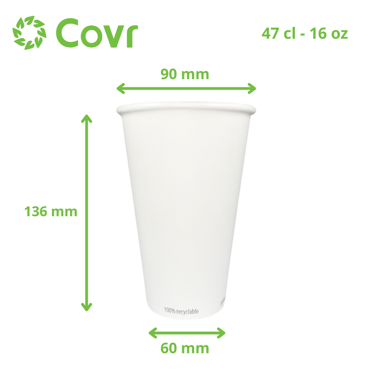 Gobelets Carton blancs sans plastique 50 cl - 16 oz - 320 g/m²