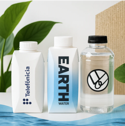 Bouteilles d'eau personnalisées - earth water en tetra top, eau en carton ou bouteille d'eau en rPET