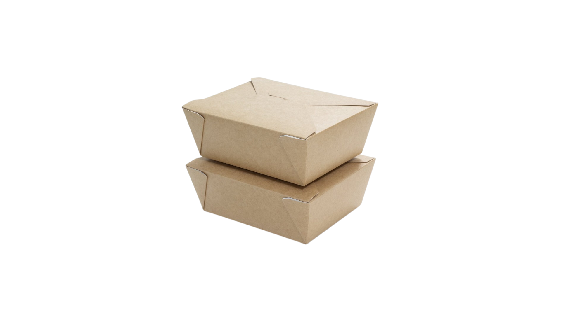 Deux boîtes repas en carton kraft empilées, de couleur beige, avec un design simple et écologique, adaptées pour la vente à emporter.