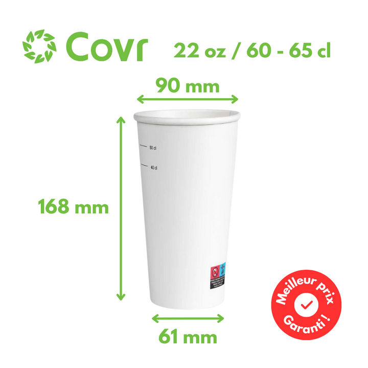 Vasos desechables de papel Blancos 65 Cl / 22 oz - 300 + 18 g / m²